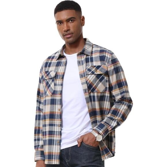 Men's Flannel Shirts Long Sleeve Plaid 03 - Picture 2 of 5